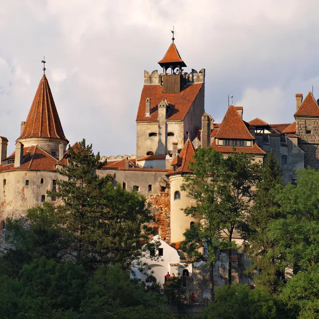 Bran Castle on its rocky outcrop, white walls and red towers above the trees